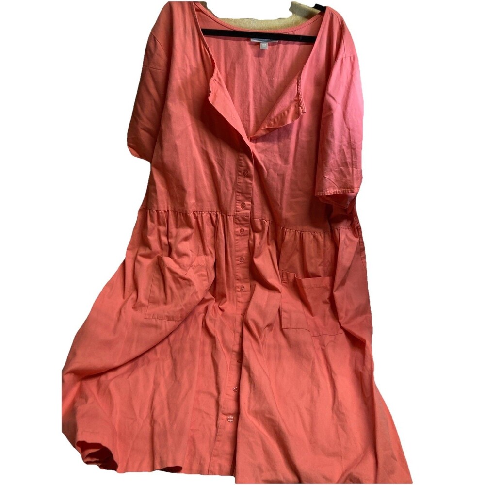 Woman Within Coral Pink 100% Cotton Button Front Maxi Dress 32W Scoop Neck
